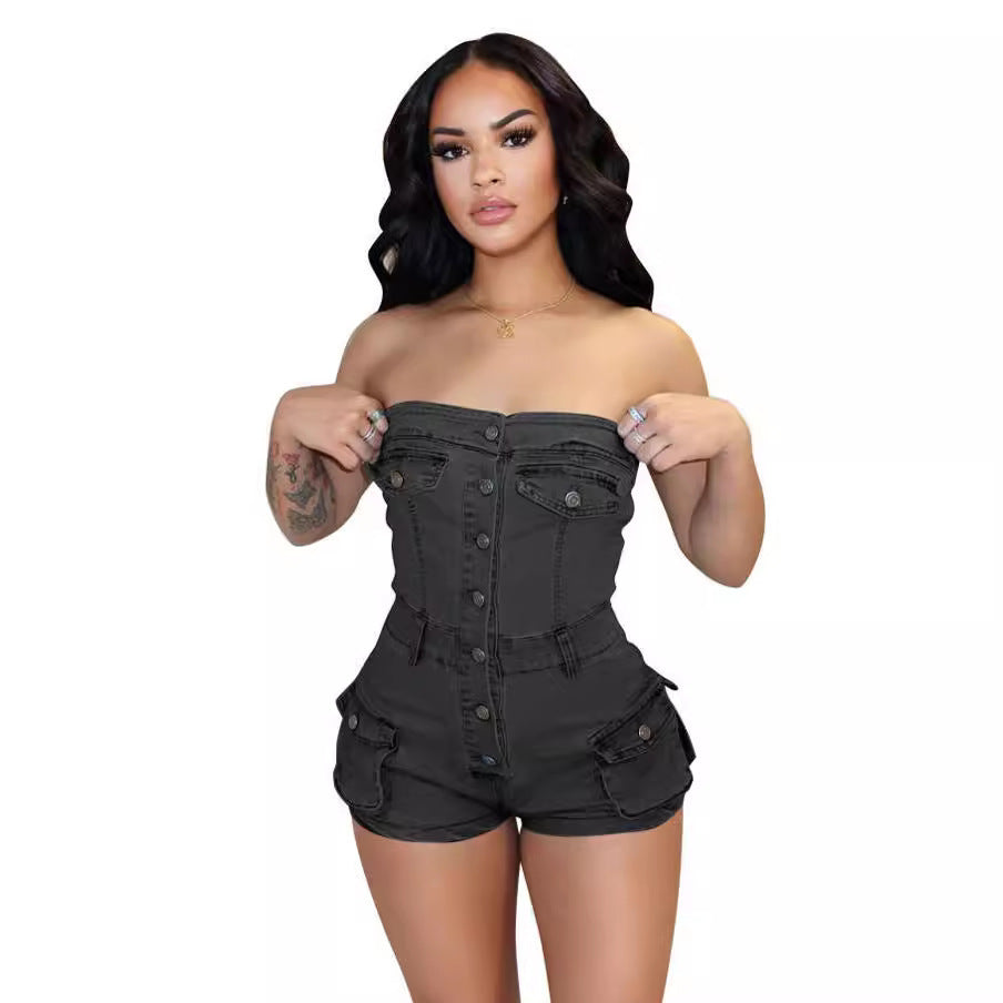 Denim Tube Top Jumpsuit – Stretch Jeans-Overall für Damen